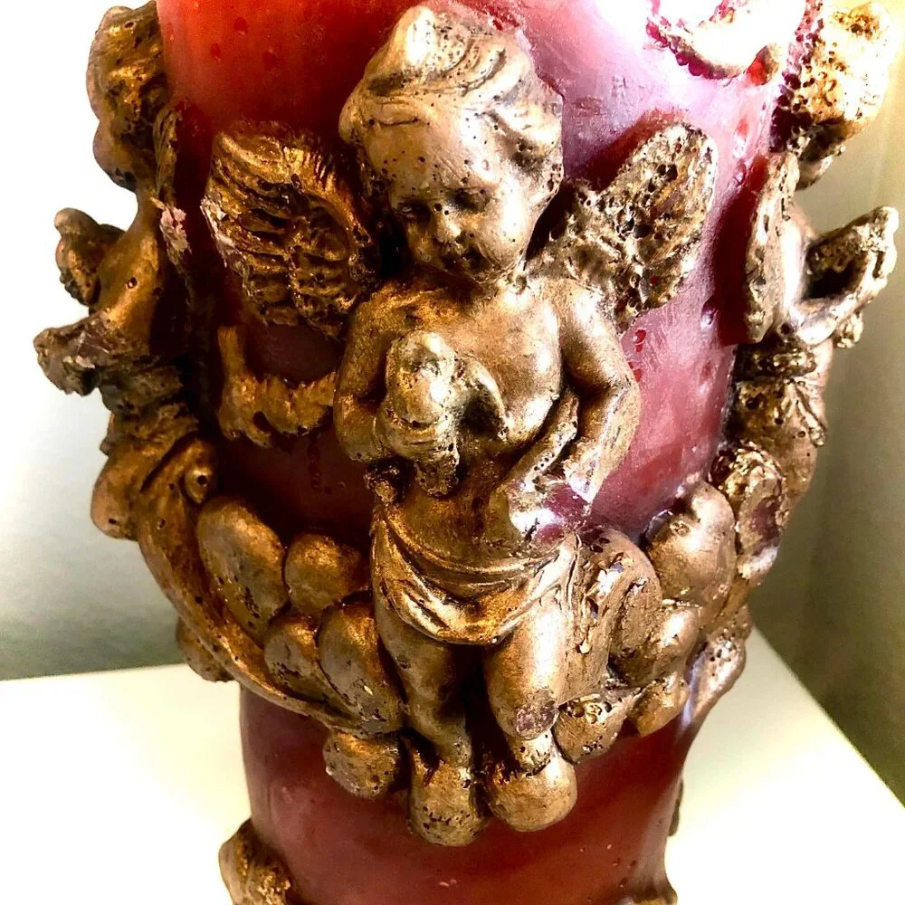 MAC Sculpture California XLG Sculpted Cherub Angel Pillar Candle Burg Gold 15x9